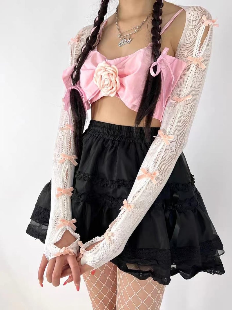 Sumleno Women's Mesh Lace Shrug Crop Top Y2K Aesthetic Arm Sleeves Cardigan with Bow Grunge Cute Fairycore Accessories - Image 5